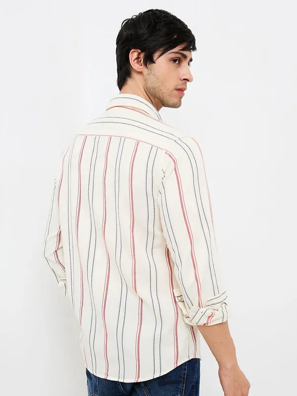 SPYKAR striped beige slim fit cotton mens shirt