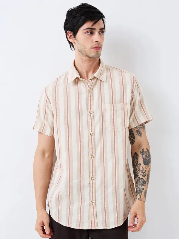SPYKAR striped beige slim fit mens casual shirt