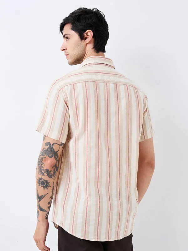 SPYKAR striped beige slim fit mens casual shirt