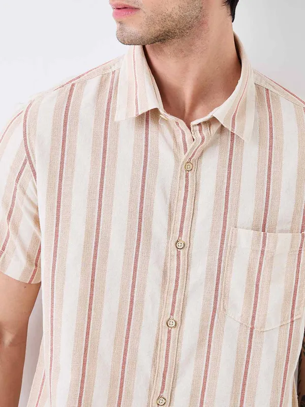 SPYKAR striped beige slim fit mens casual shirt