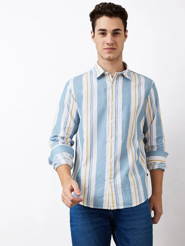 SPYKAR striped blue cotton casual wear shirt