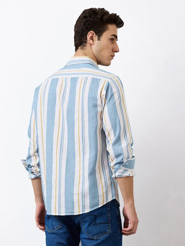 SPYKAR striped blue cotton casual wear shirt