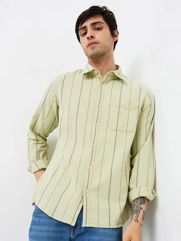 SPYKAR striped lime green mens casual wear shirt