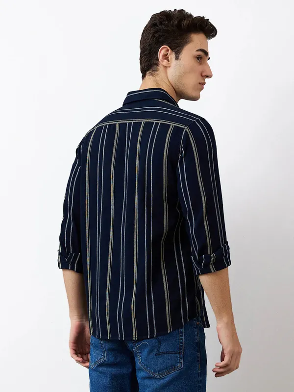 SPYKAR striped navy cotton slim fit casual shirt