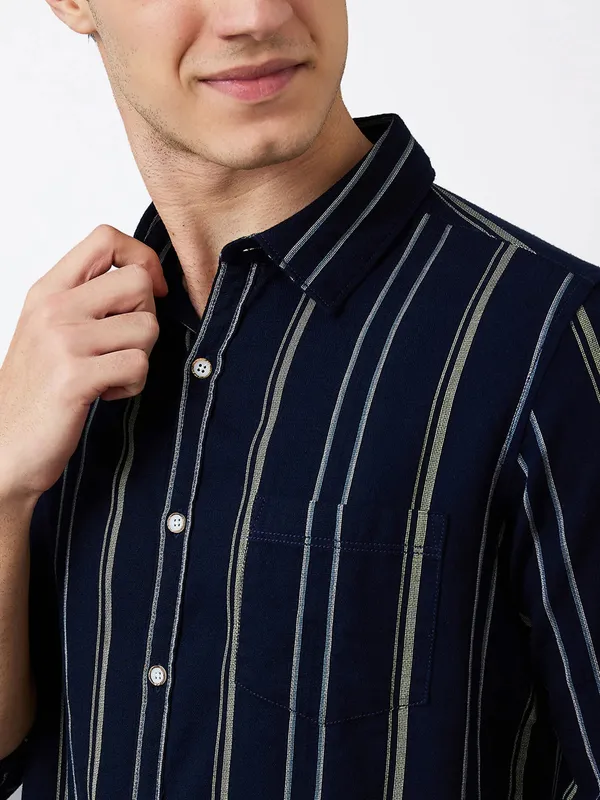 SPYKAR striped navy cotton slim fit casual shirt