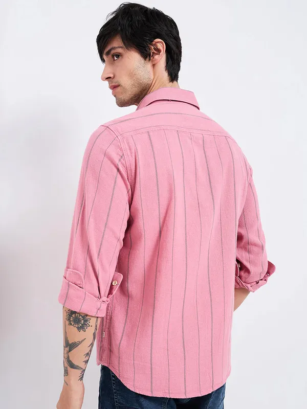 SPYKAR striped pink mens casual wear shirt