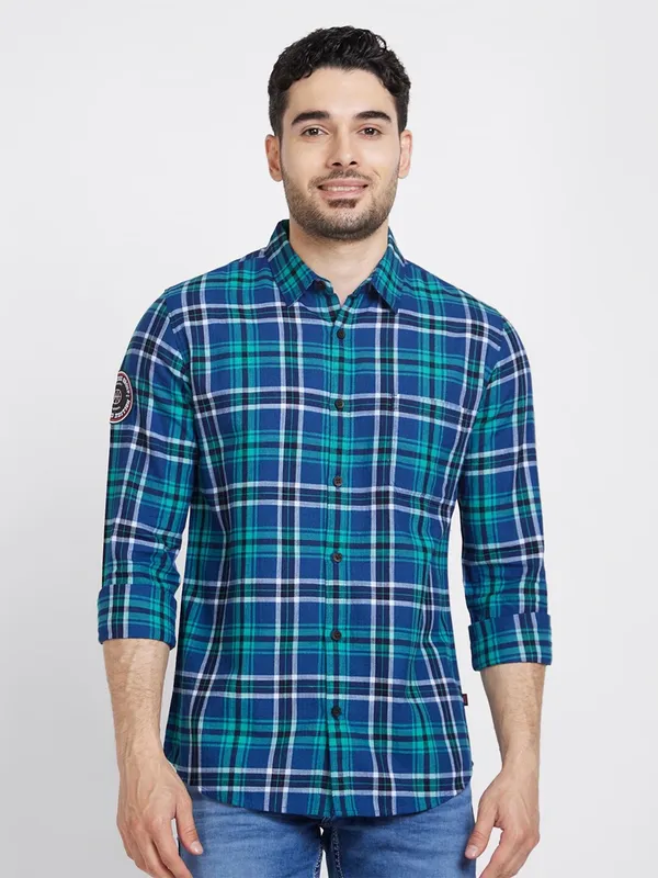 Spykar teal blue checks cotton shirt