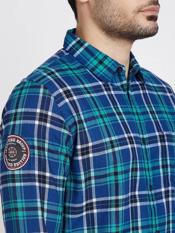 Spykar teal blue checks cotton shirt