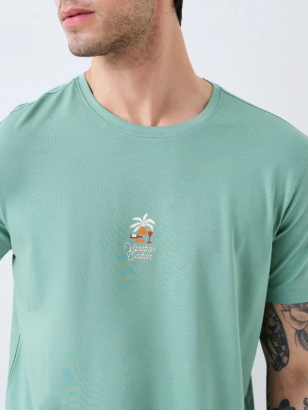 SPYKAR teal green cotton slim fit mens cotton t-shirt