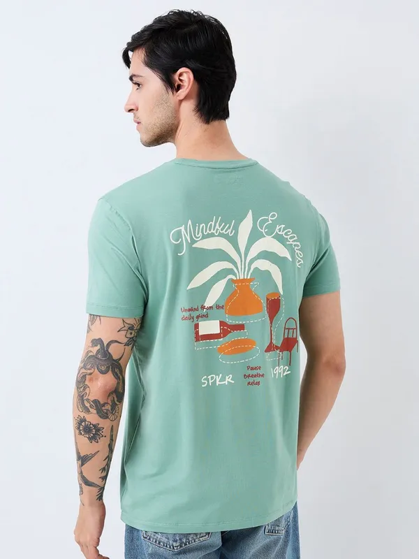 SPYKAR teal green cotton slim fit mens cotton t-shirt