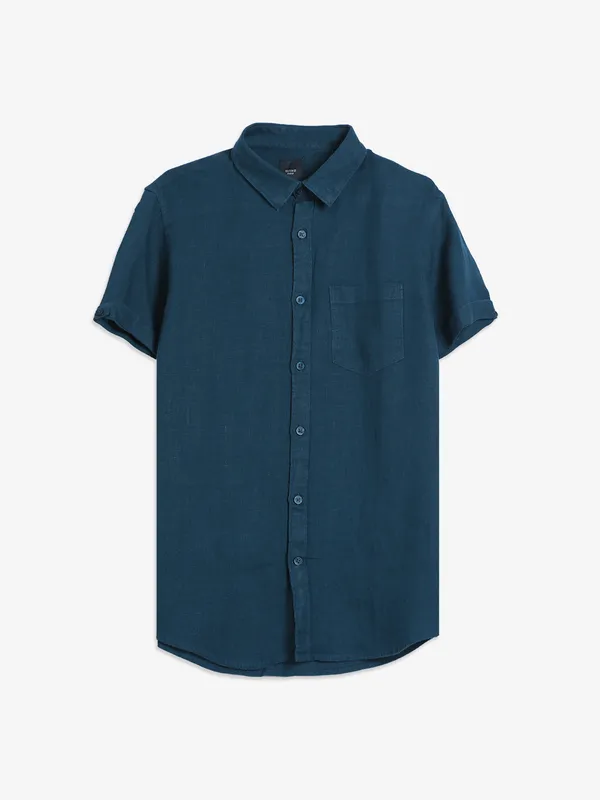 Spykar teal green plain linen shirt