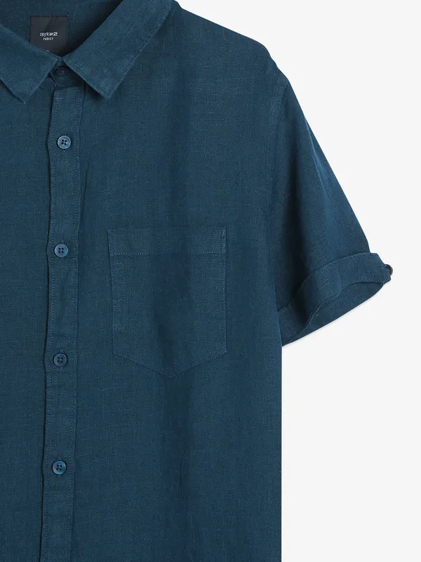 Spykar teal green plain linen shirt