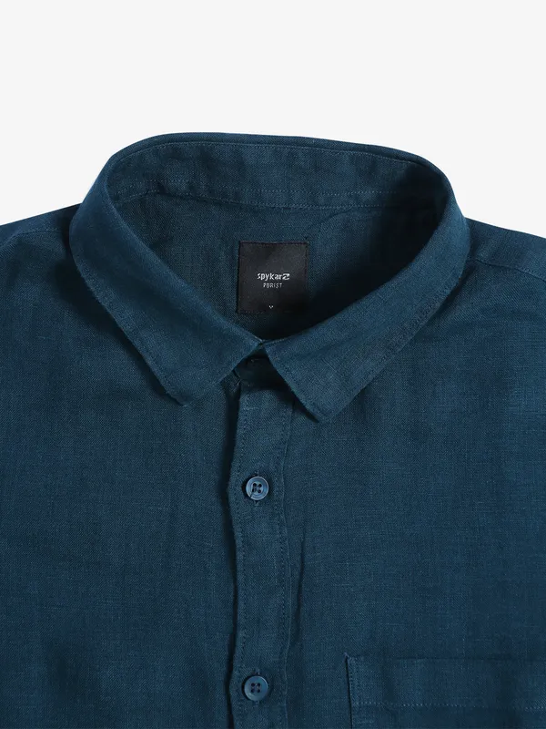 Spykar teal green plain linen shirt