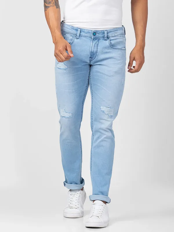 Spykar washed and ripped ice blue jeans