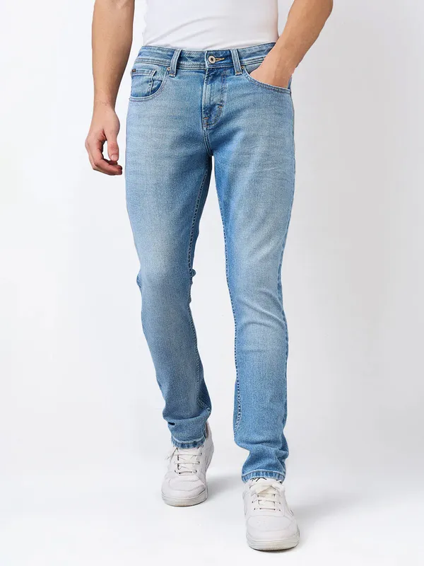 SPYKAR washed sky blue slim fit denim for men