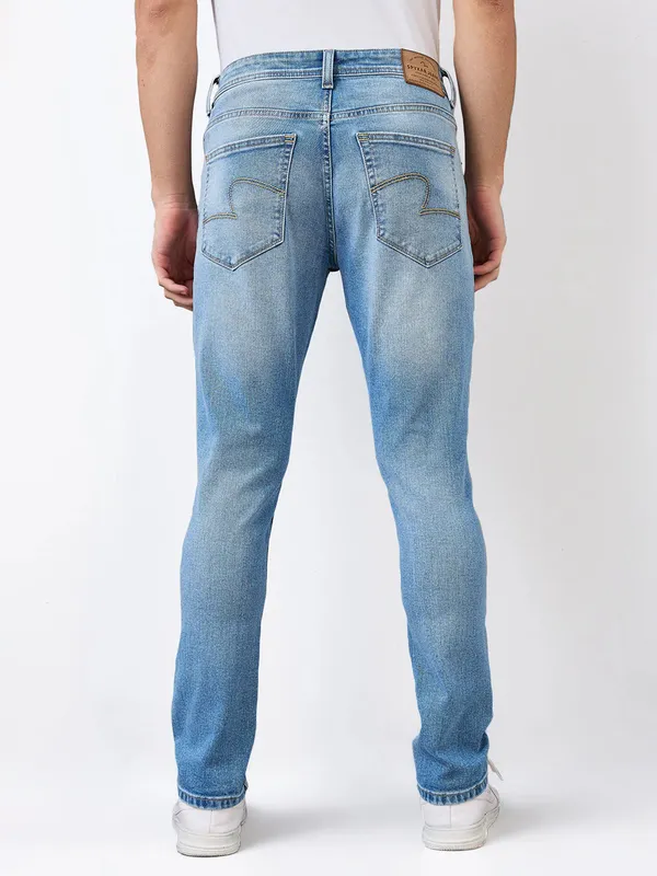 SPYKAR washed sky blue slim fit denim for men