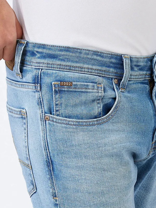 SPYKAR washed sky blue slim fit denim for men