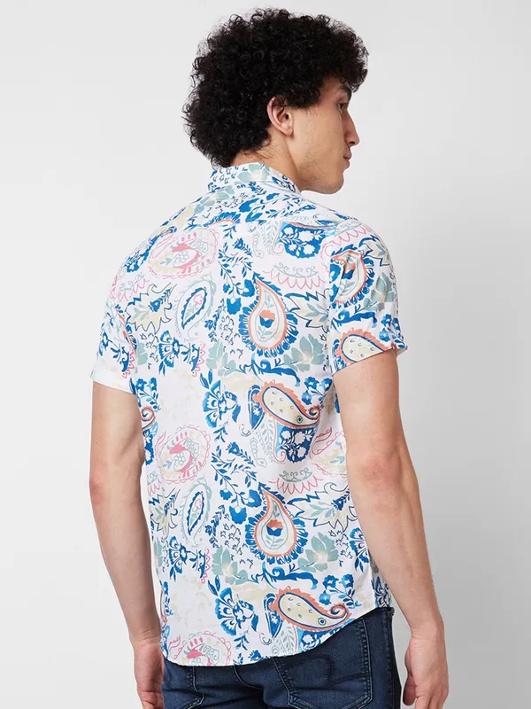SPYKAR white and blue printed cotton shirt