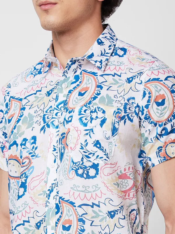 SPYKAR white and blue printed cotton shirt