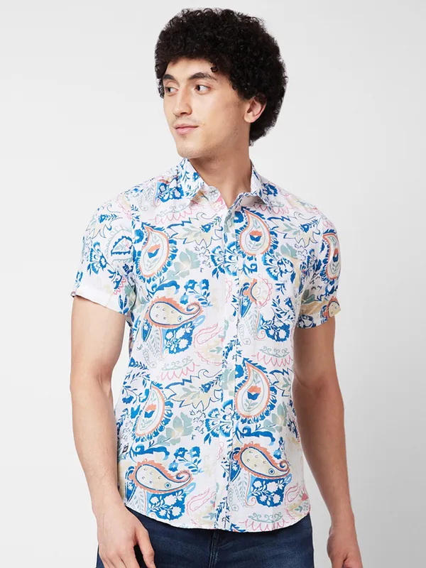SPYKAR white and blue printed cotton shirt
