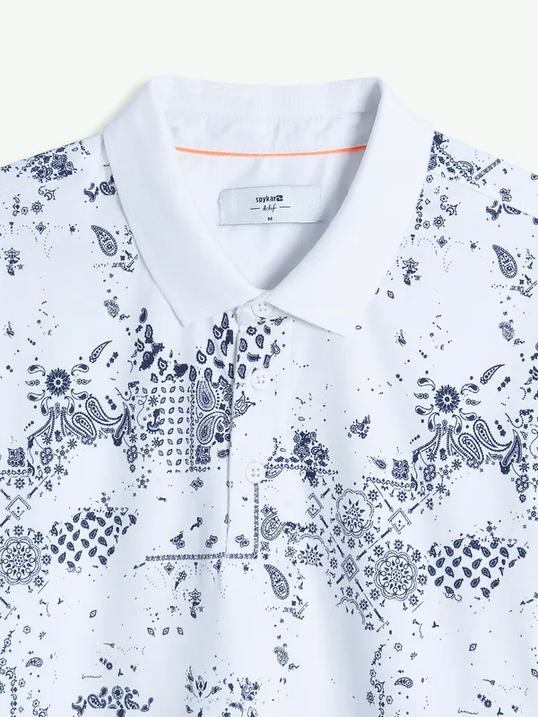 Spykar white cotton printed polo t shirt