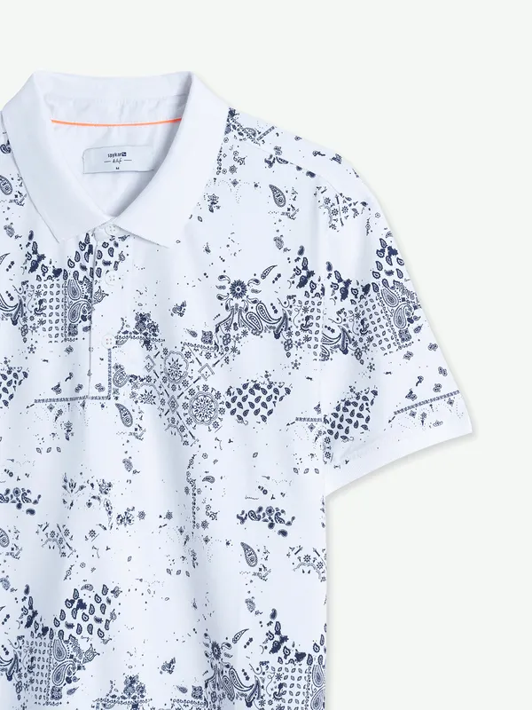 Spykar white cotton printed polo t shirt