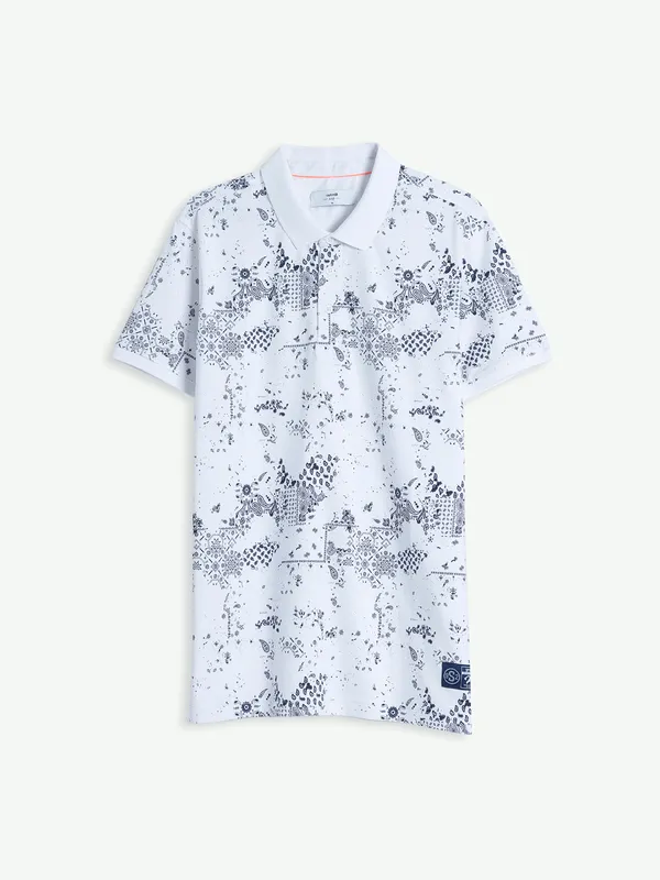 Spykar white cotton printed polo t shirt