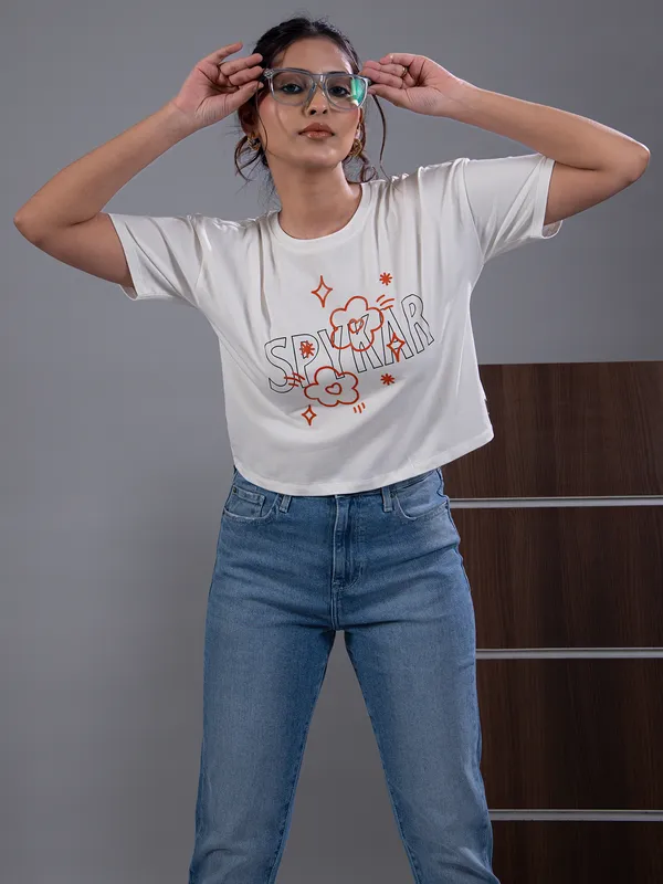 SPYKAR white printed cotton crop t-shirt