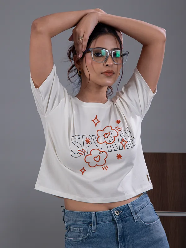 SPYKAR white printed cotton crop t-shirt