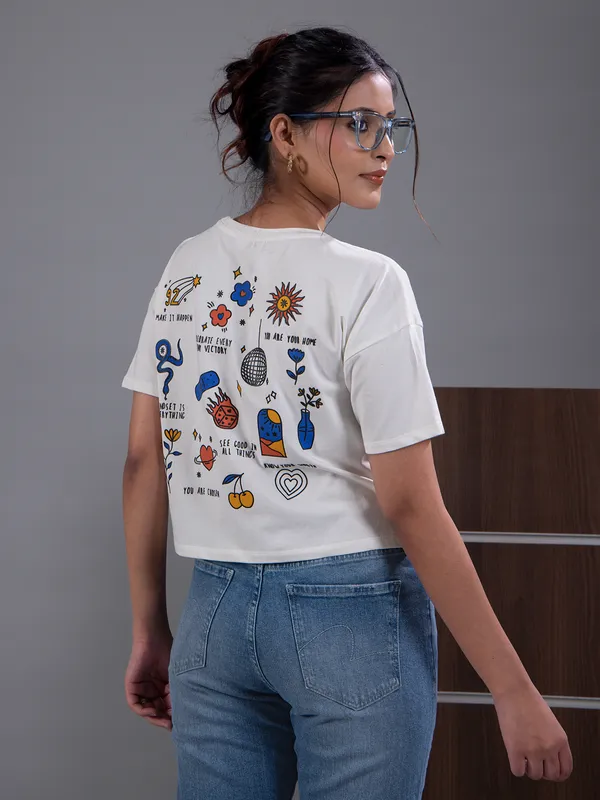 SPYKAR white printed cotton crop t-shirt