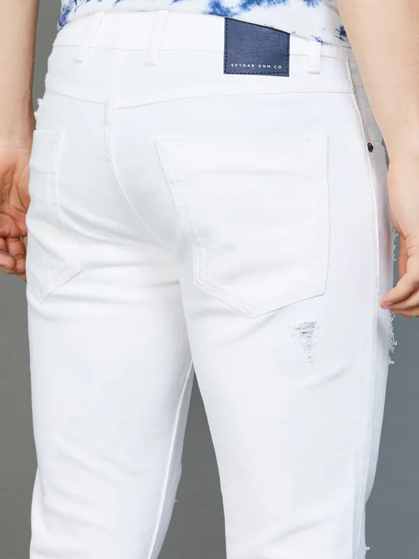 Spykar white ripped slim taper fit jeans