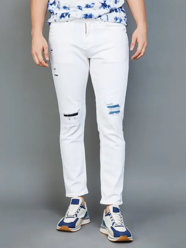 Spykar white ripped slim taper fit jeans