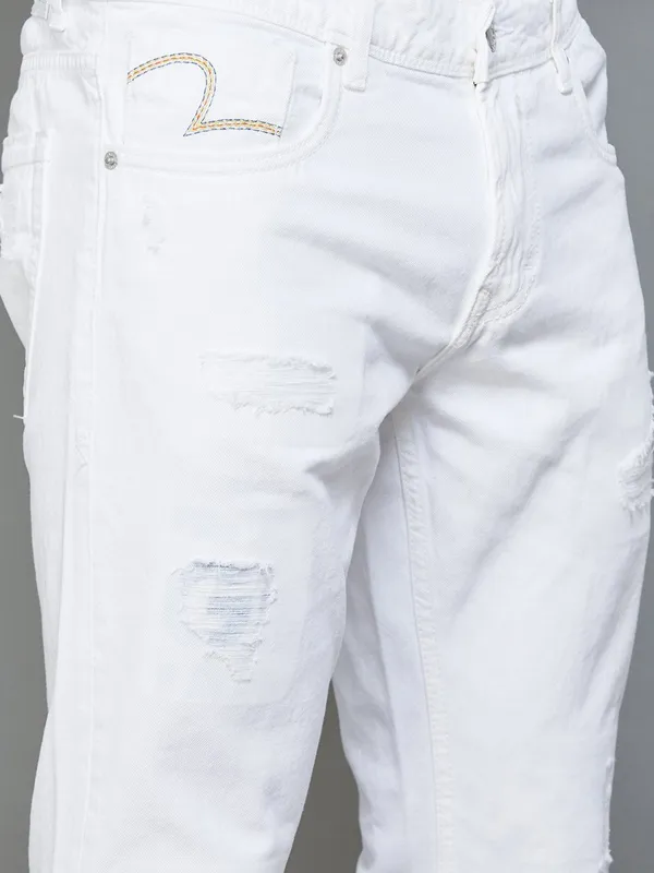 Spykar white ripped slim tapered fit jeans