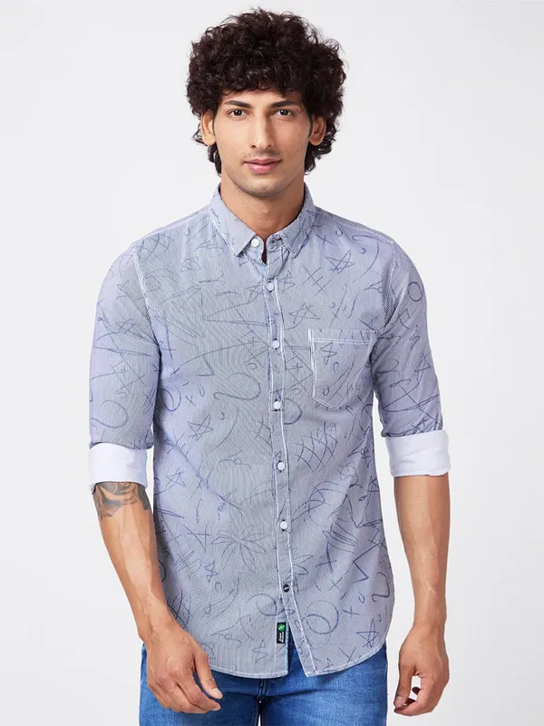 Spykar white stripe printed cotton shirt