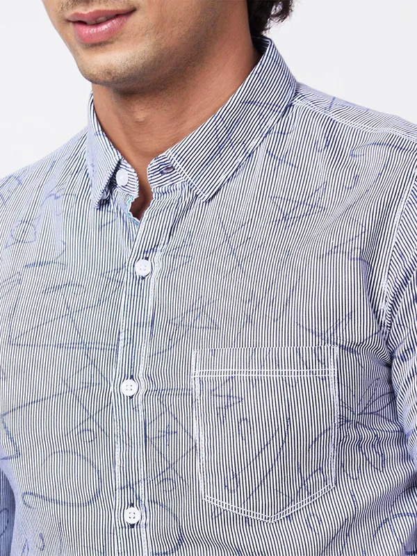 Spykar white stripe printed cotton shirt