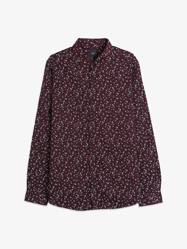 Spykar wine printed cotton shirt