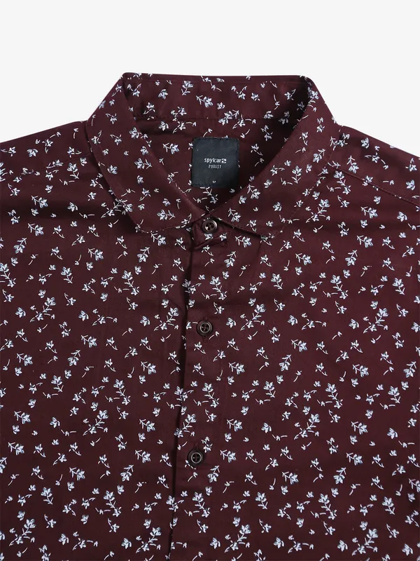 Spykar wine printed cotton shirt