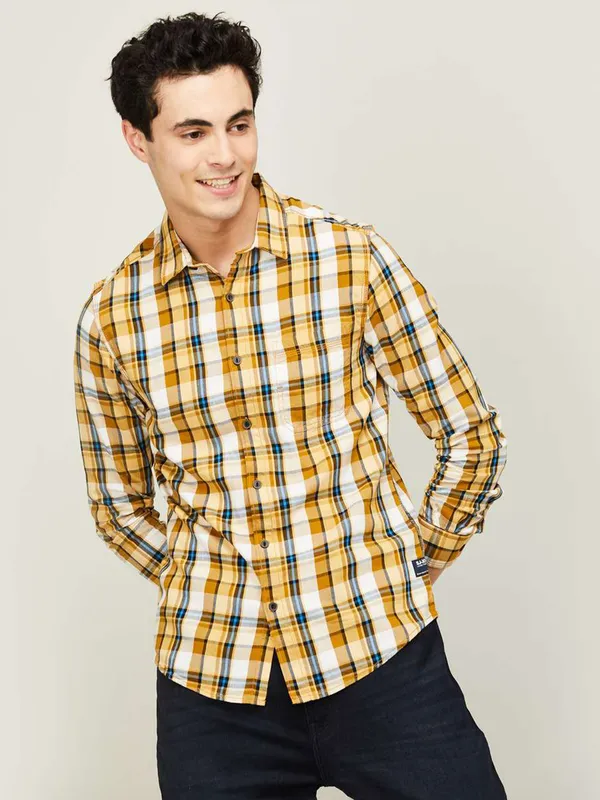 Spykar yellow shaded cotton checks shirt