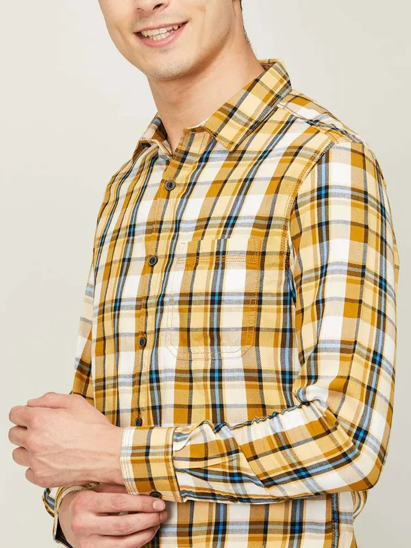 Spykar yellow shaded cotton checks shirt