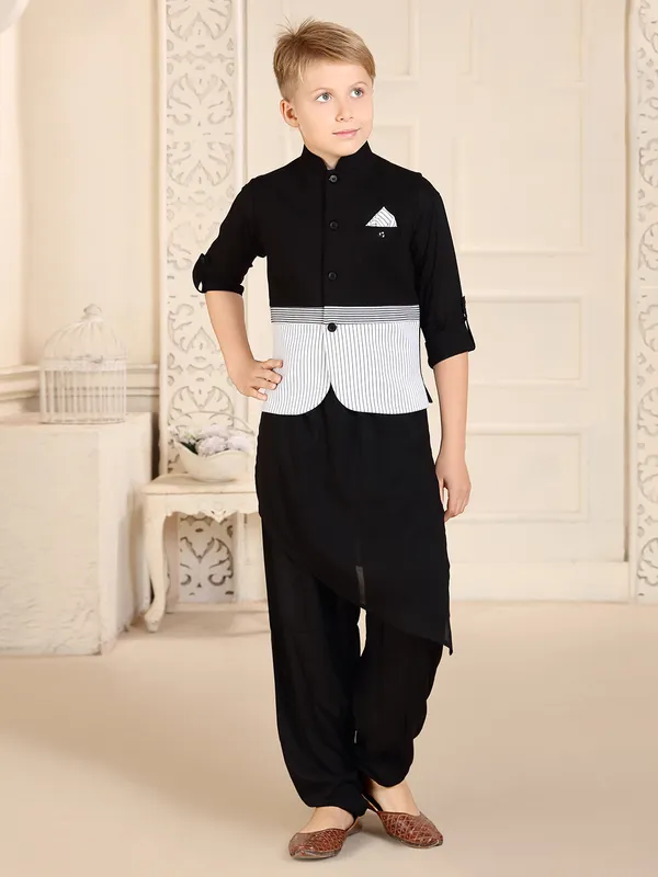 Stand collar black cotton stripe waistcoat set