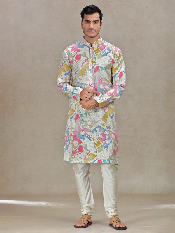 Standout sophistication with beige printed kurta set for men