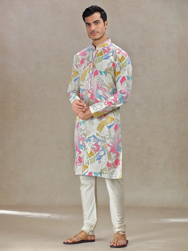 Standout sophistication with beige printed kurta set for men