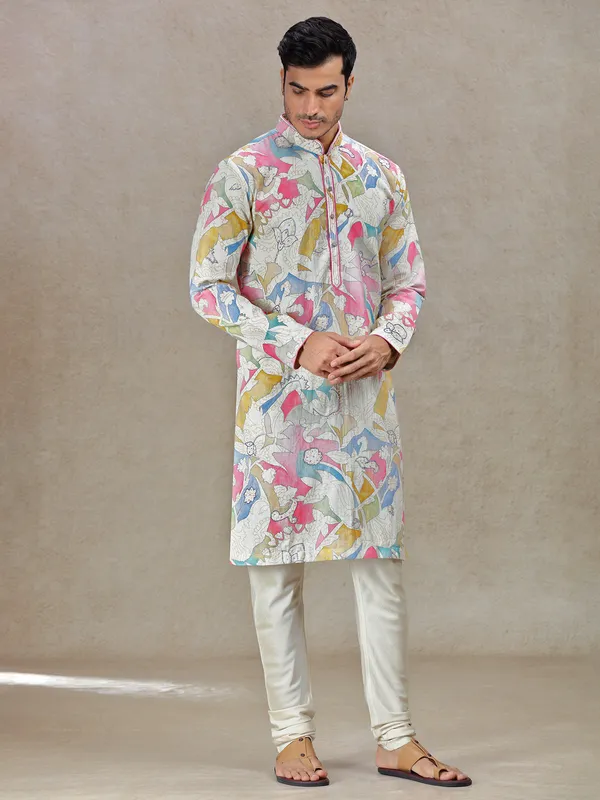 Standout sophistication with beige printed kurta set for men