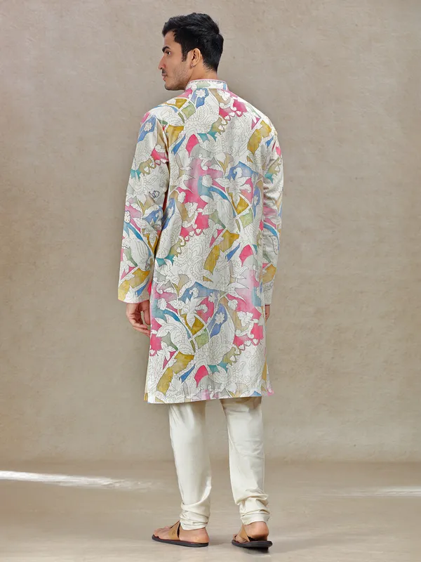 Standout sophistication with beige printed kurta set for men