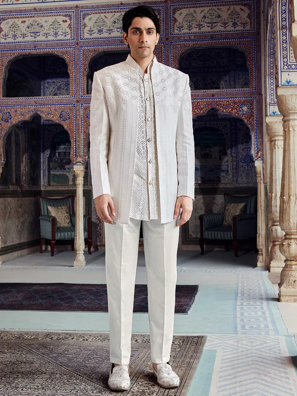 Star white raw silk indo western for men