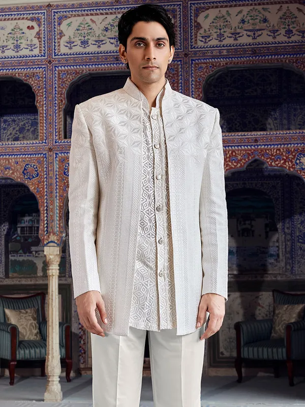 Star white raw silk indo western for men