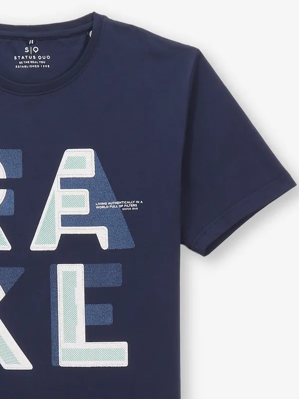 STATUS QUO navy blue printed cotton t-shirt