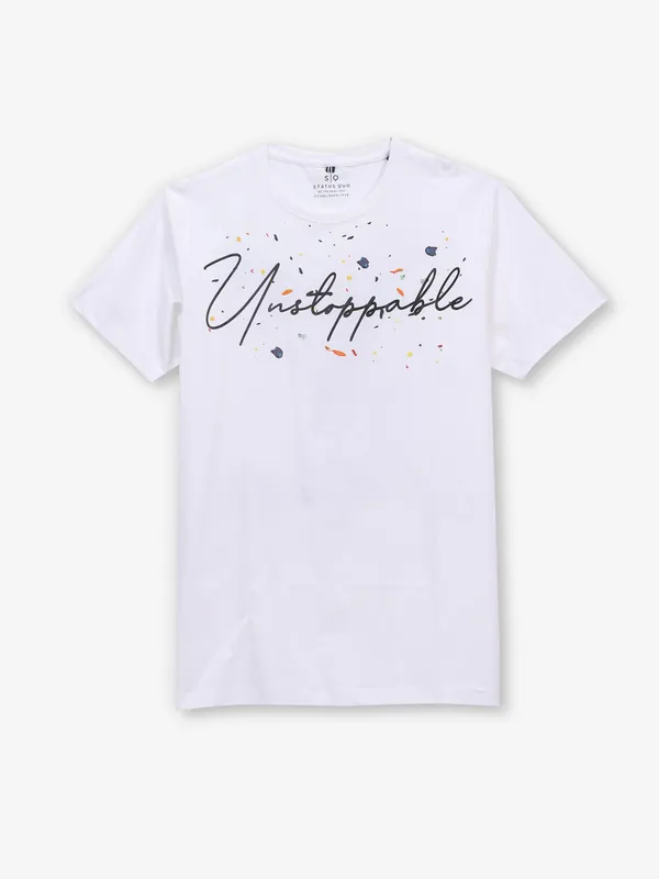 STATUS QUO printed white slim fit cotton t-shirt