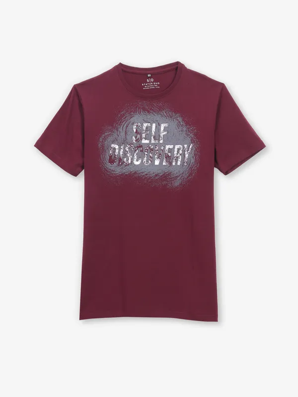 STATUS QUO wine printed cotton slim fit t-shirt