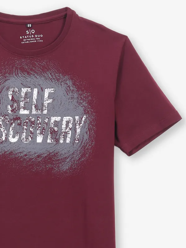 STATUS QUO wine printed cotton slim fit t-shirt